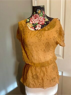 Vintage Monica Benet 100% Silk Beaded Blouse Gold Top Size 1 XS 90s Whimsigoth